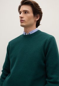 Grüner, strukturierter Strickpullover mit Rundhalsausschnitt, darüber ein blau-weiß gestreiftes Hemd mit Kragen.