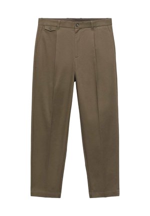 Khaki trousers, featuring a straight cut, two front pockets, and a textured fabric. Design includes a button closure and subtle pleats.