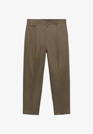 Khakihosen mit geradem Schnitt, zwei vorderen Taschen und einem strukturierten Stoff. Das Design umfasst einen Knopfverschluss und dezente Falten.