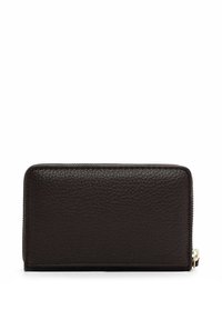 Brown leather wallet with a textured surface, zip closure, and contrasting stitching. Compact rectangular shape with no visible embellishments.