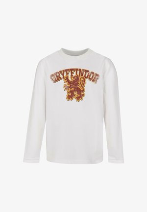 Biely dlhý rukáv košele s dizajnom erbu Gryffindoru v maróne a zlate. Vyrobené z bavlny, s okrúhlym výstrihom a rebrovanými manžetami.