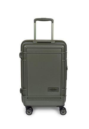 Olive green hard-shell suitcase with a textured surface, extendable handle, and four wheels; features a logo on the front.