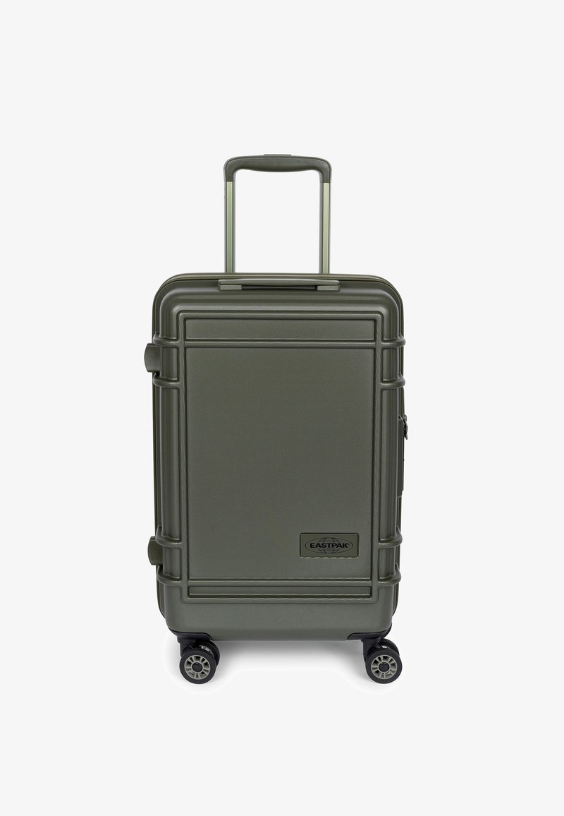 Valise rigide vert olive avec une surface texturée, poignée extensible et quatre roues ; présente un logo à l'avant.