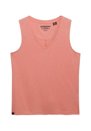 Ærmeløs koralrød V-hals bomuldstanktop med Superdry-mærke inde i halsudskæringen og lille broderet logo på brystet.