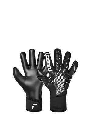 Black Reusch goalkeeper gloves with textured palm and white branding and arrow design on the backhand, shown palm and back views.