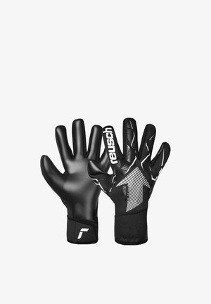Gants de gardien Reusch noirs avec paume texturée et marquage blanc, ainsi qu'un motif flèche sur le dos, présentés en vue paume et dos.