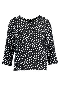 Černý top s puntíky, tříčtvrteční ruk ávy, kulatý výstřih, vyrobený z hladkého materiálu; má velké bílé nepravidelné puntíky po celém povrchu.