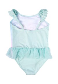 Helles blaues Badeanzug mit Rüschen-Trägern, einem ausgestellten Netzrock und einer glatten Stoffoberfläche. Besitzt eine subtile Glitzerstruktur entlang des Saums.