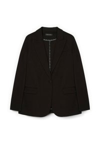 Černý upravený blejzr se strukturovanou siluetou, zapínáním na jeden knoflík, klopovými límci a dvěma předními kapsami. Hladká textilie.