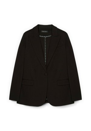 Schwarzer taillierter Blazer mit strukturierter Silhouette, Ein-Knopf-Verschluss, Reverskragen und zwei vorderen Taschen. Glatte Stoffoberfläche.