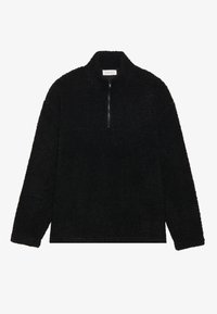 Pullover in pile nero con colletto a zip quartocentro, maniche lunghe e superficie testurizzata. Presenta una forma semplice e squadrata senza accenti particolari.