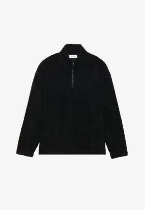 Must mustriba pullover, millel on neljandik tõmbekrae, pikad varrukad ja tekstureeritud pind. Omab lihtsat, kastjat kujundust ilma silmatorkavate aksessuaarideta.