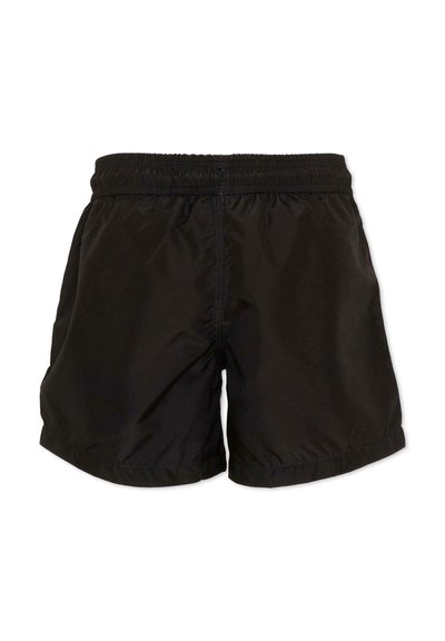 Shorts de sport noirs à taille élastique, au design simple et tissu léger, vus de dos sur fond blanc.