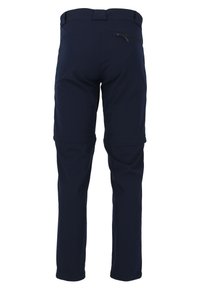 Navy vandringsbyxor gjorda av stretchmaterial, med en ficka med dragkedja och justerbara anklar för mångsidighet och komfort.