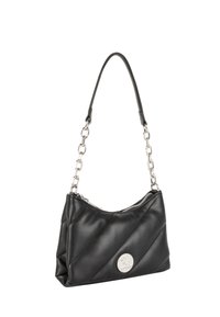 Borsa a tracolla in ecopelle trapuntata nera con una tracolla a catena e un accento rotondo in logo argento. Presenta una chiusura con zip e una consistenza morbida.