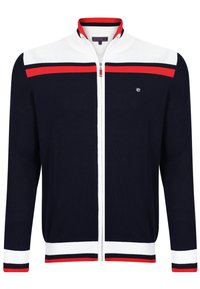 Námořnická modrá mikina na zip s bílými a červenými pruhy přes ramena, manžety a spodní lem, s malým bílým vyšitým logem na hrudi.