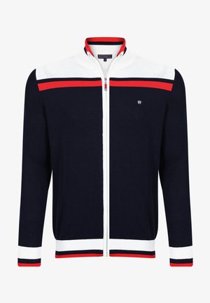 Maglione zip-up blu navy con strisce bianche e rosse sulle spalle, sui polsini e sull'orlo, caratterizzato da un piccolo logo ricamato bianco sul petto.