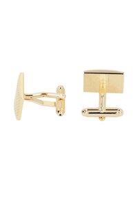Kształtowane z metalu w kolorze złotym cufflinks z fakturowanym, prostokątnym przodem i żłobionymi bokami, posiadające polerowaną łączącą belkę. Elegancki i minimalistyczny design.