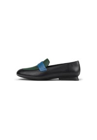 Svarta läderloafers med en grön och blå läderaccentrem, låg klack och slät textur. Snygg design med rundad tåform.