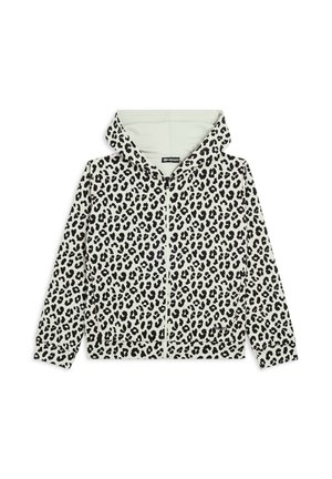 Hoodie zippé en imprimé léopard noir et blanc, avec une grande capuche, des manches longues, des poignets côtelés et une poche frontale. Texture de tissu douce.