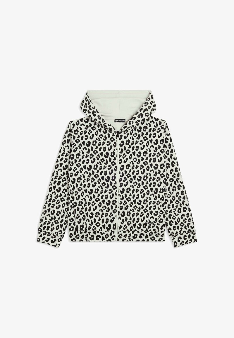 Felpa con zip a stampa leopardata in bianco e nero, con un grande cappuccio, maniche lunghe, polsini a coste e una tasca frontale. Tessuto morbido.