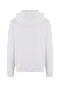 Vit hoodie med dragsko i huvan, långa ärmar och ribbstickade muddar. Baksidan är enfärgad utan några ytterligare mönster eller detaljer.