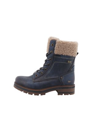 Marineblauw leren veters winterlaars met bruine rubberen zool, beige fleece boordvoering, zijnaad en metalen veterogen.
