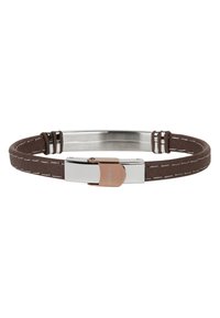 Brun flätad läderarmband med silver- och roséguldtonad metallspänne ingraverat med "BREIL," visad på en vit bakgrund.