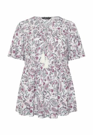 Weiße kurzärmelige Bluse mit rosa- und grünen Paisley-Blumenmuster, Bindeband am Ausschnitt mit weißen Quasten, lockerer Schnitt und geraffte Taille.