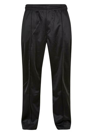 Fekete sportnadrág sima, fényes felülettel, elasztikus derékpánttal és redőzött elülső kialakítással. Zsebek nem láthatók.