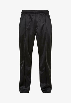 Black athletic pants with a smooth, shiny finish, featuring an elastic waistband and pleated front design. No pockets visible.