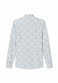 Hellblaues, langärmliges Hemd mit durchgehender Knopfleiste und einem zarten floralen Muster in dunkleren Blau- und Brauntönen, von hinten gezeigt.