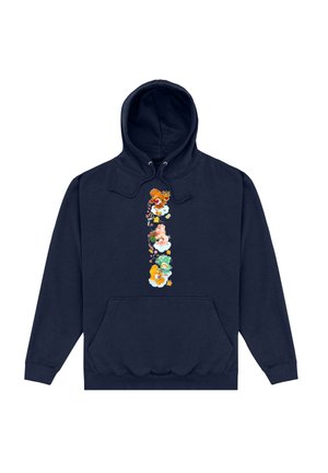 Granatowy hoodie z kapturem ze sznurkiem i kieszenią z przodu. Posiada kolorowy graficzny wzór przedstawiający postacie z kreskówek i kwiaty z przodu.