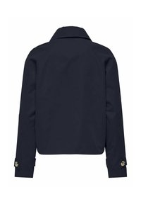 Giacca impermeabile blu navy con colletto, maniche raglan e polsini con bottoni. Tessuto liscio, linee pulite e senza motivi visibili.