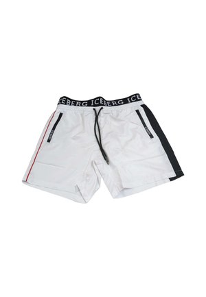 Costume da bagno bianco da uomo con fascia in vita nera e coulisse, bande laterali nere e rosse e tasche con zip con marchio "ICEBERG".