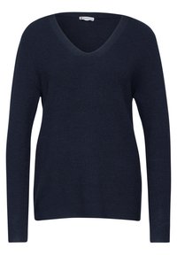 Pull bleu marine à manches longues avec un col en V, fabriqué en tissu côtelé tricoté. Texture douce avec une coupe décontractée.