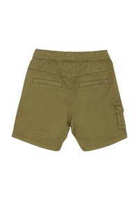 Olijfgroene katoenen shorts met een elastische waistband, twee achterzakken en een zijvak. Soepele textuur en casual ontwerp.