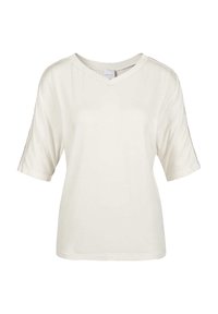 Witte kraagloze t-shirt met korte mouwen, gemaakt van zachte stof, met een relaxed fit en subtiele details langs de mouwen.