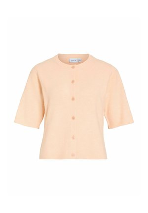 Kratka vestica svijetlo breskvaste boje s okruglim izrezom i šest dugmadi sprijeda, s rebrastim rubom i manžetama.
