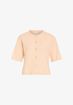 Kratka vestica svijetlo breskvaste boje s okruglim izrezom i šest dugmadi sprijeda, s rebrastim rubom i manžetama.