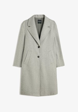 Light gray wool blend knee-length coat with notch lapels, two black buttons, and angled front pockets, by Bershka.