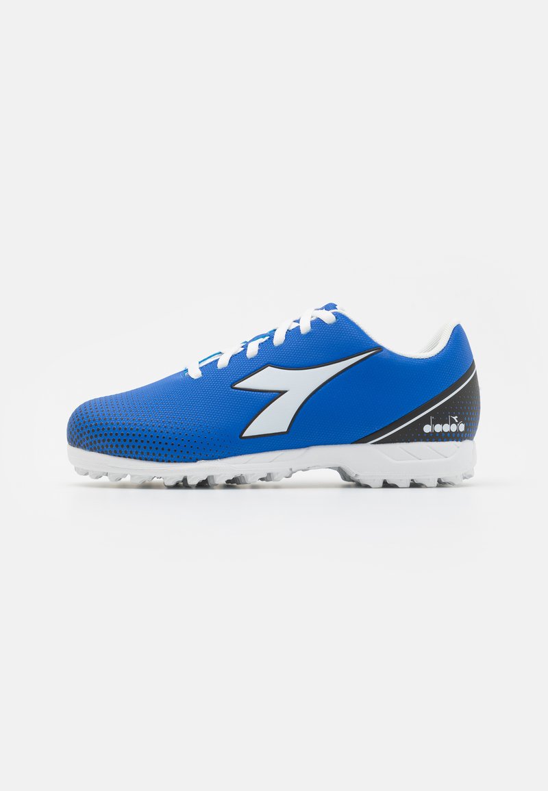 Blue sports shoes with a textured mesh upper, white laces, black accents, and a rubber sole with small studs for enhanced traction.