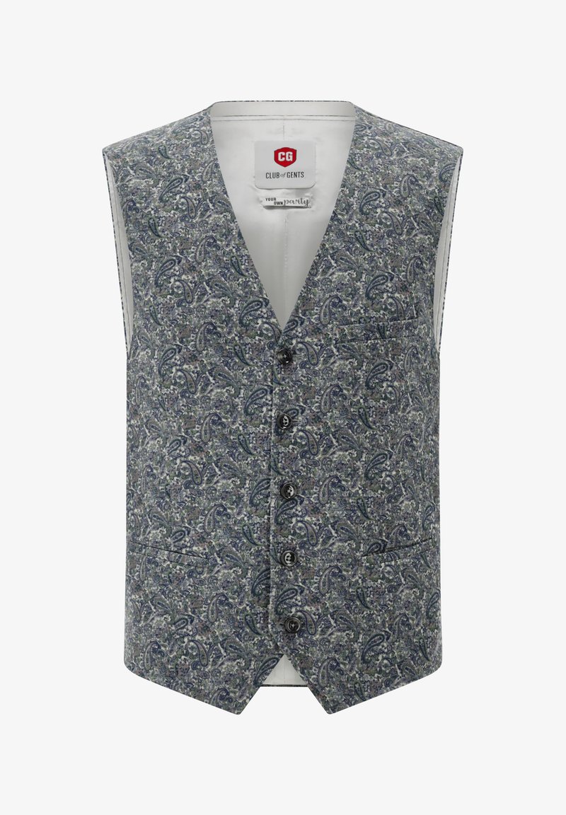 Herrenweste mit blau-grünem Paisley-Muster, fünf schwarzen Knöpfen und drei Vorderfächern, Marke Club of Gents.