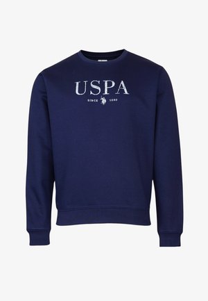 Granatowy sweatshirts z mieszanki bawełny, z białym napisem i logo "USPA" z przodu, okrągłym dekoltem oraz ściągaczami na rękawach i u dołu.
