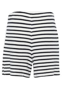 Pantaloni corti a strisce bianche e nere realizzati in tessuto morbido, con un design semplice e una vita elastica per il comfort. Presentano aperture laterali.