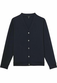 Cardigan blu navy con scollo a V, maniche lunghe e chiusure con bottoni argentati. Realizzato in un materiale morbido, presenta polsini e orlo a coste.