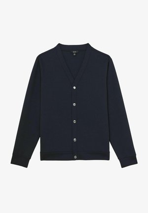 Cardigan blu navy con scollo a V, maniche lunghe e chiusure con bottoni argentati. Realizzato in un materiale morbido, presenta polsini e orlo a coste.