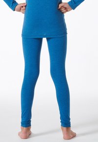 Blauwe leggings van zacht, rekbaar materiaal met een gladde textuur; lange uitvoering met een strakke pasvorm en gerimpelde enkelboorden.