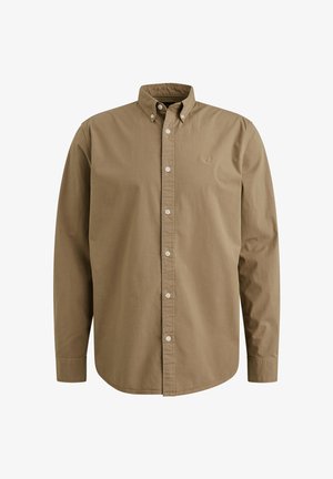 Lys brun langærmet skjorte med knapper og spidse kraver, frontknapper og et lille broderet logo på brystet. Fremstillet af bomuldsstof.