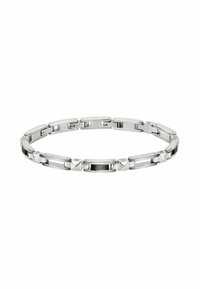 Bracciale in acciaio inossidabile con maglie rettangolari e quadrate alternate, caratterizzato da un accento centrale spazzolato nero. Finitura liscia e lucidata.